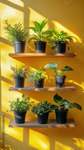Indoor Plant Arrangement on Shelves Against a Vibrant Yellow Wall Illuminated...