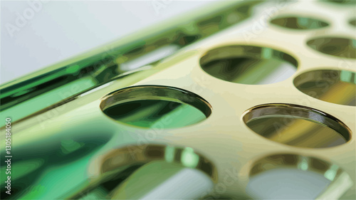 Close-up macro shot of a perforated surface. The material appears to be translucent, with a gradient of green and gold tones.  The surface is comprised of numerous regularly spaced circular holes.