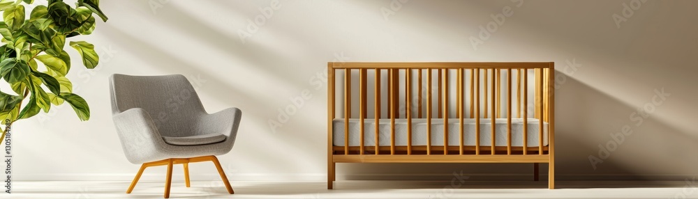 Minimalist nursery design with a wooden crib and a gray armchair in soft daylight ideal for childcare or home interior branding projects Minimalist nursery design with a wooden crib and a gray armchair in soft daylight ideal for childcare or home interior branding projects