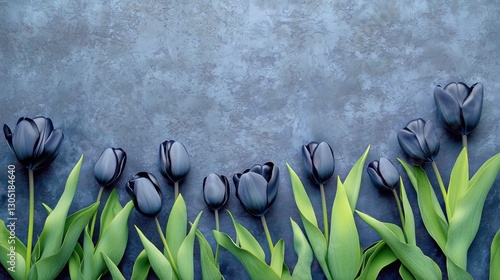 Black Tulips Arranged on a Textured Blue Background With Green Leaves