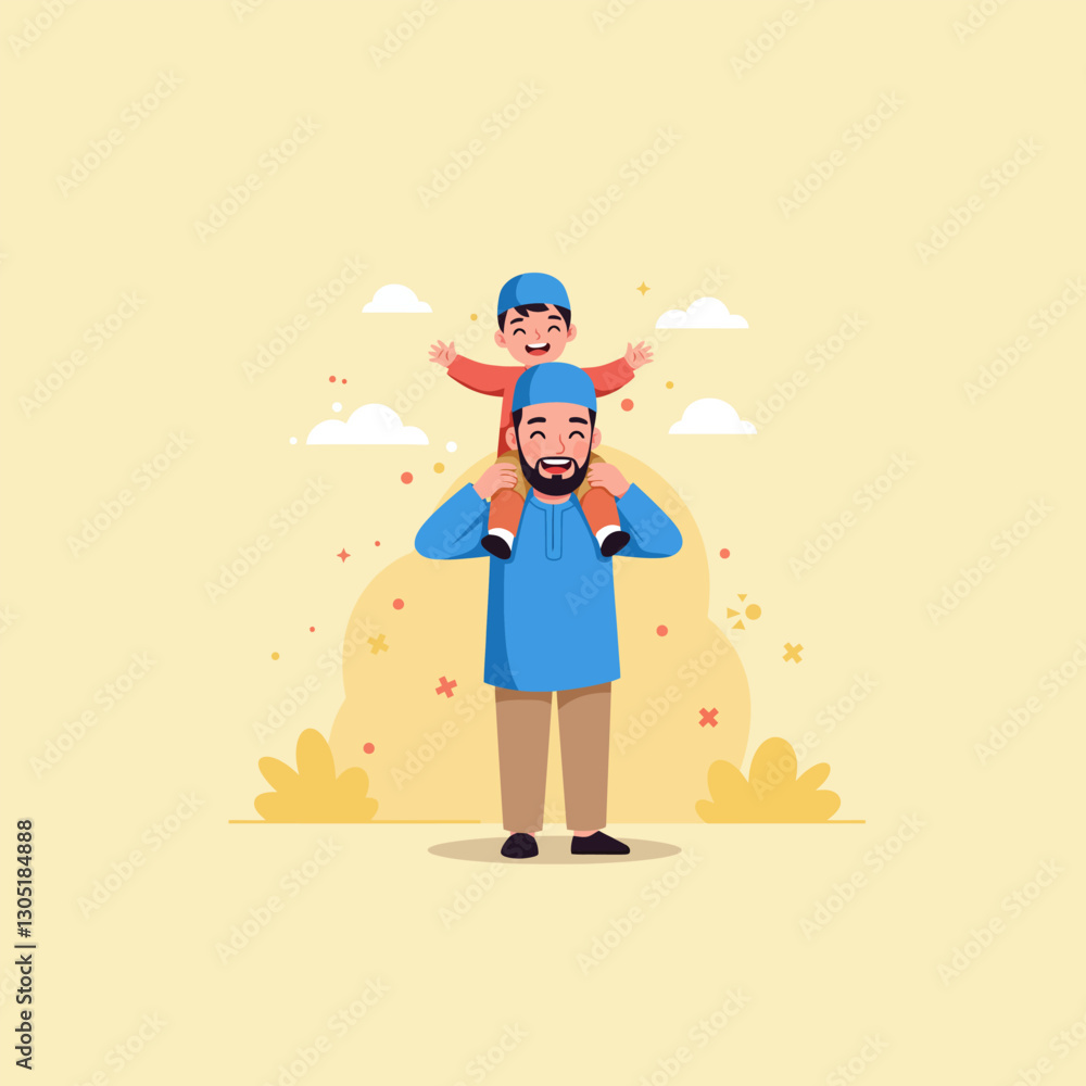 Father Carrying Son on Shoulders Sharing Happy Moment Together Father Carrying Son on Shoulders Sharing Happy Moment Together