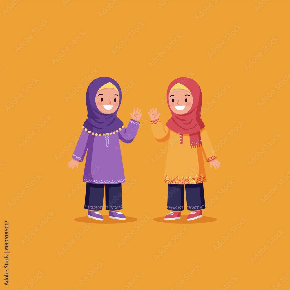 Two Smiling Girls Wearing Hijabs Waving on an Orange Background Two Smiling Girls Wearing Hijabs Waving on an Orange Background