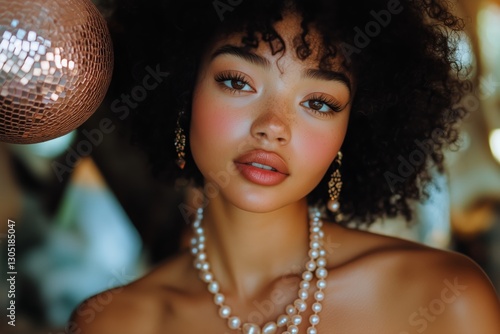 Elegant Portrait of a Model With Curly Hair Wearing Pearls in a Soft, Warm Se...