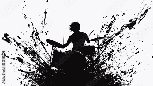 The image is a monochrome illustration depicting a silhouette of a drummer seated behind a drum kit. The drummer is centrally positioned, and the silhouette is detailed enough to discern the