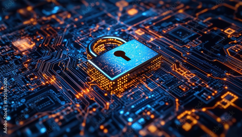 Digital security concept with a glowing padlock on a high-tech circuit board background emphasizing data protection and cyber security in technology Digital security concept with a glowing padlock on a high-tech circuit board background emphasizing data protection and cyber security in technology