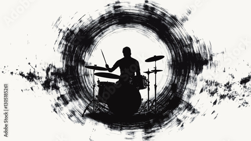 The image is a stylized illustration featuring a black silhouette of a drummer playing a drum kit. The drummer is positioned centrally within a circular frame created by a dynamic, ink-like splash