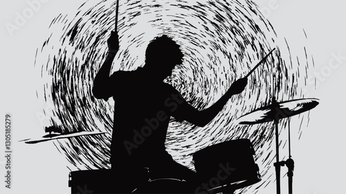 The image is a monochrome photograph depicting the silhouette of a drummer playing a drum kit. The drummer is positioned centrally, their form clearly visible against a background of swirling,
