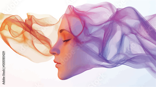 The image is a stylized portrait of a woman's face in profile, eyes closed, appearing calm and peaceful.  She is enveloped by translucent, flowing fabric and streaks of colorful smoke,