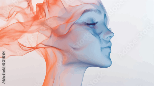A digital artwork depicting a female profile in a semi-abstract style. The face is rendered in cool blues and appears translucent, overlaid with and partially obscured by flowing, wispy forms