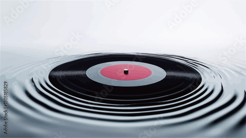 Close-up shot of a black vinyl record with a pink and grey label floating on a body of still water.  The record is centered in the frame, and concentric ripples emanate outwards from its edges