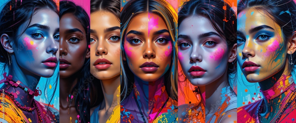 Obraz premium Vibrant Portraits of Diverse Women in Colorful Artistic Splashes