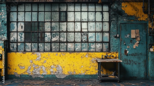 Abandoned Factory Interior with Yellow and Teal Walls, Rusted Metal, and Many Paned Windows