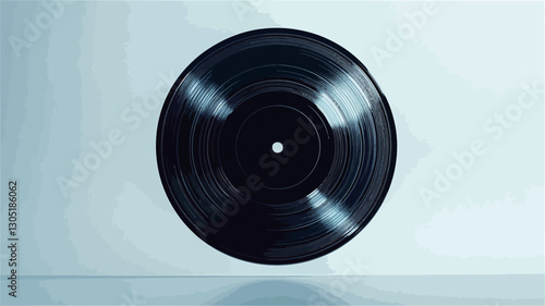 A close-up shot of a black vinyl record against a light gray background. The record is centered in the frame and shows concentric grooves radiating from the central spindle hole.  The surface
