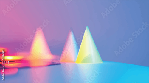 The image showcases three cone-shaped forms arranged in a row against a blurred pastel background. The cones are brightly illuminated with neon-like colors, exhibiting gradients of pink, purple,