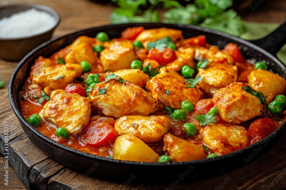 Chicken and Vegetable Curry Cooking in Pan with Wooden Table Chicken and Vegetable Curry Cooking in Pan with Wooden Table