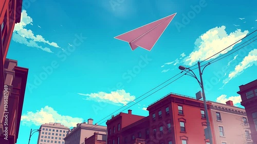 Wallpaper Mural Pink paper airplane soaring above a vibrant city street under a bright blue sky . seamless looping time lapse animation video background, anime  lofi art Torontodigital.ca