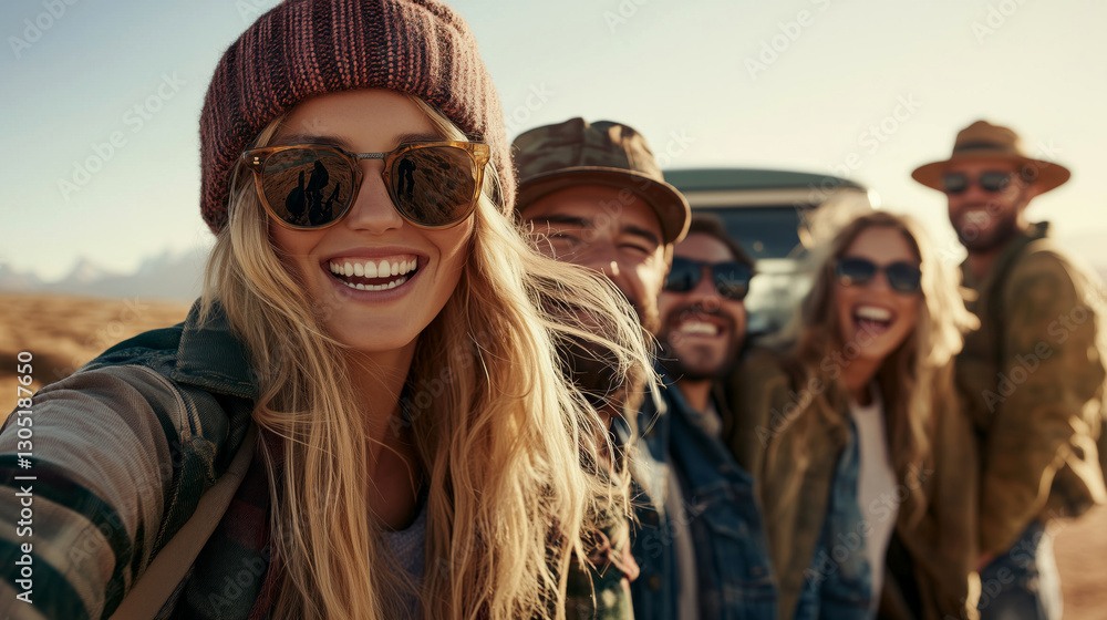 Adventure group smiling together in the desert candid shot outdoor fun Adventure group smiling together in the desert candid shot outdoor fun