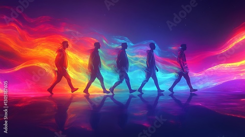 A dynamic and fluid digital illustration of four stylized figures walking in unison, featuring exaggerated lines and swirling motion effects, bold contrasting colors, and a futuristic aesthetic, photo