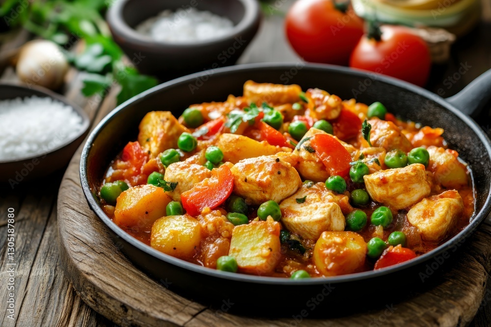 Chicken and Potato Curry in Pan with Tomatoes and Peas Chicken and Potato Curry in Pan with Tomatoes and Peas