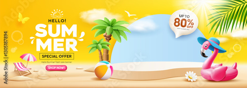 Summer sale podium, Pink flamingo inflatable swimming pool, coconut trees, beach umbrella, banner design, cloud and sky on yellow background