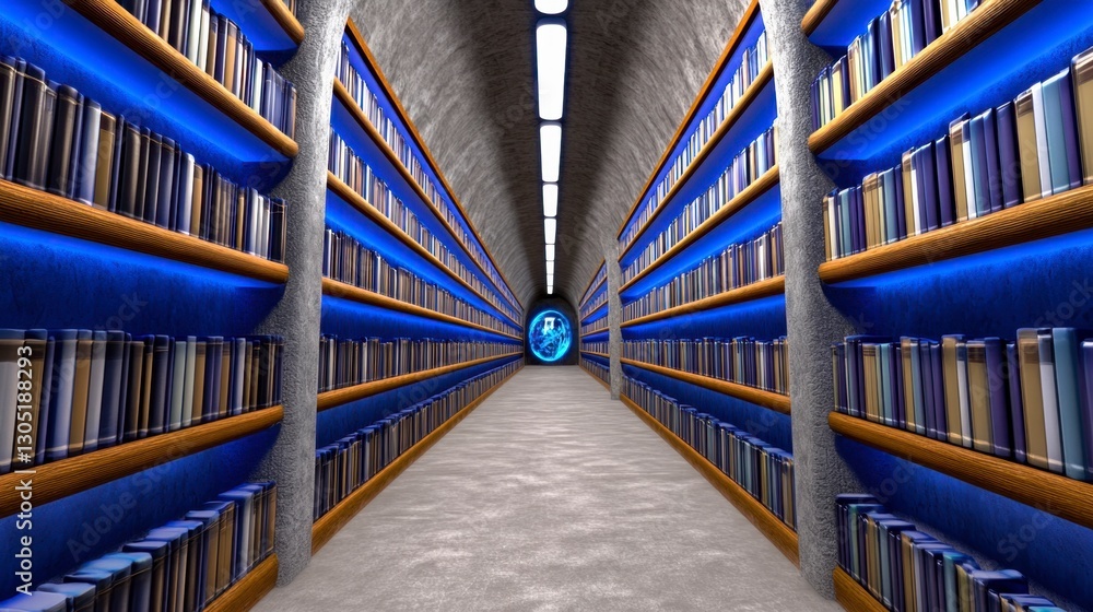 A long corridor library with blue glowing shelves filled with books, concrete walls, and a circular light at the end. A long corridor library with blue glowing shelves filled with books, concrete walls, and a circular light at the end.
