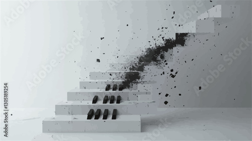 The image shows a minimalist rendering of a modern concrete staircase ascending from the lower left to the upper right corner.  The staircase is rendered in monochrome with a predominantly white