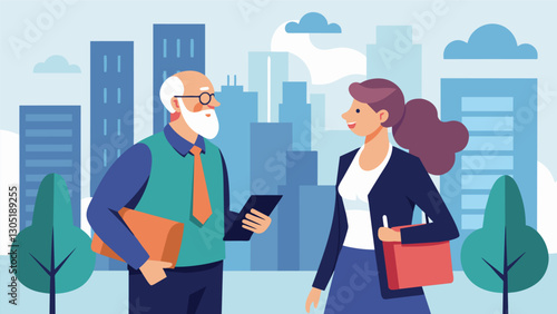Two Boomer business consultants one male and one female walk through a bustling city engaging in deep discussion about their upcoming client pitch utilizing their contrasting. Vector illustration