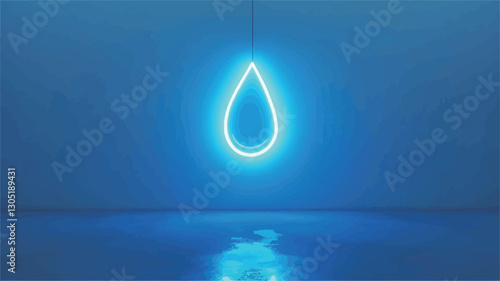The image shows a single, teardrop-shaped neon light emitting a bright blue glow against a solid blue background. The light appears to be suspended in mid-air, and its reflection is visible on a