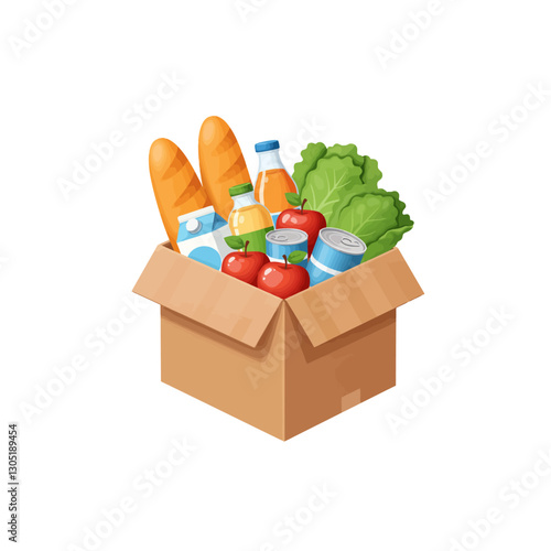 Foods in Box Fresh Bread Apple Lettuce and Juice