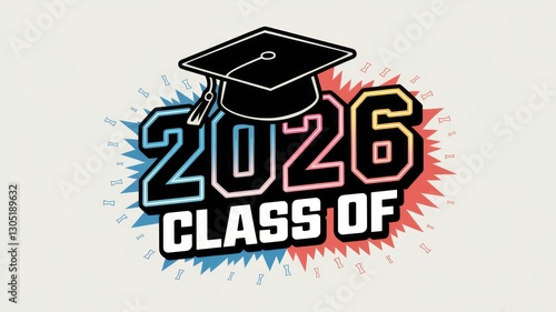 Class of 2026 Neon Graduation Emblem with Tossed Cap and Confetti Generative AI