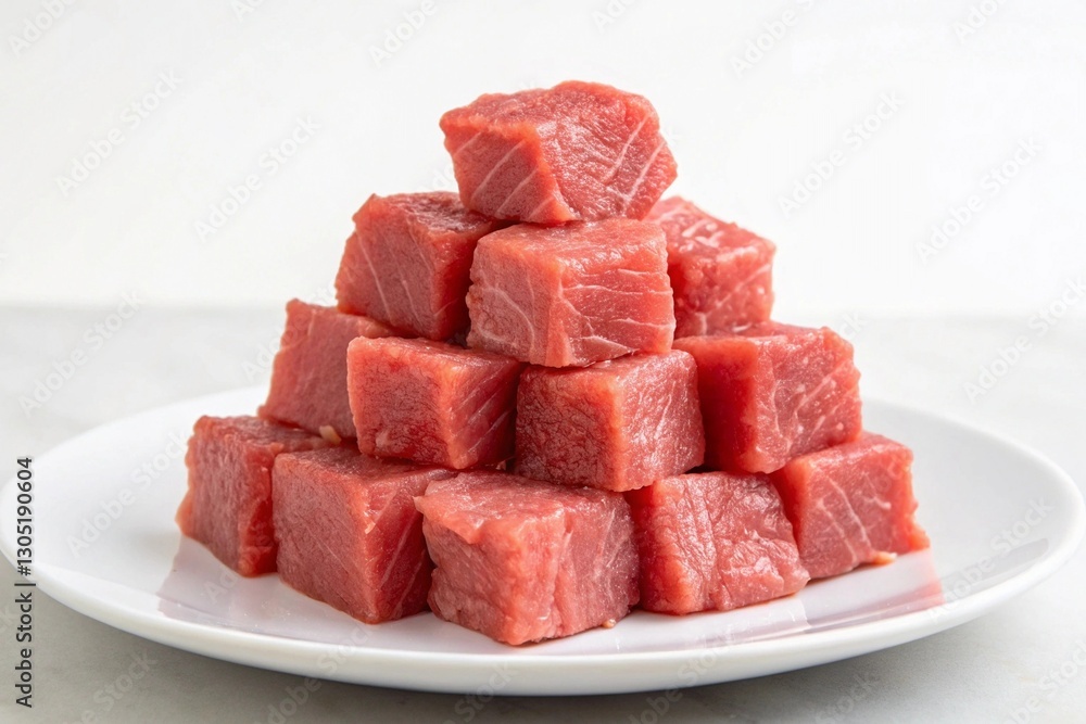 Fresh Tender Meat Cubes Pyramid on White Plate – High-Quality Food Photography Fresh Tender Meat Cubes Pyramid on White Plate – High-Quality Food Photography
