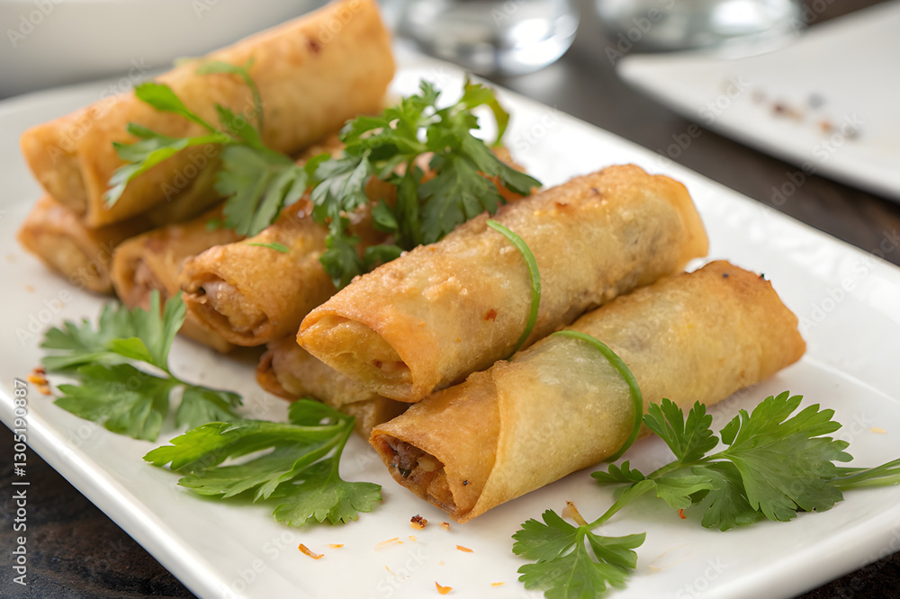 Crispy Spring Rolls on White Plate – Appetizing Asian Cuisine Crispy Spring Rolls on White Plate – Appetizing Asian Cuisine