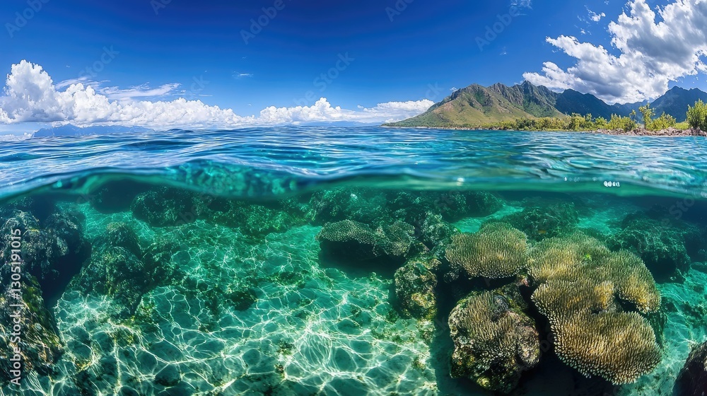 A crystal-clear underwater view of a coral reef A crystal-clear underwater view of a coral reef