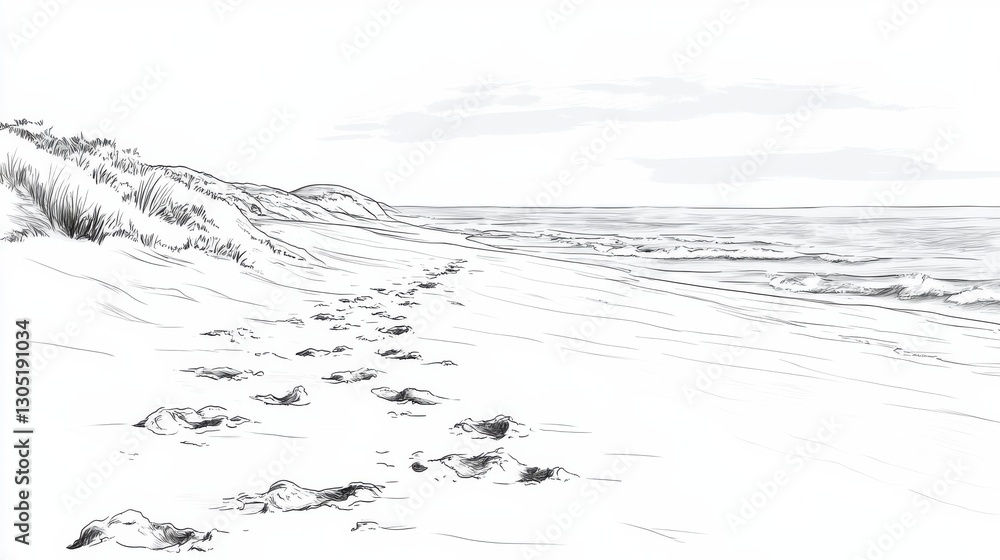 Fototapeta premium Footprints on a Serene Sandy Beach. (2)
