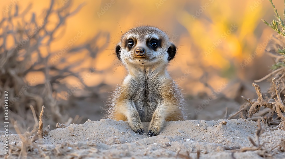 Fototapeta premium Meerkat Pup Sunset Burrow Africa