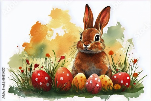Cute Rabbit Sitting Among Colorful Easter Eggs in a Field of Flowers