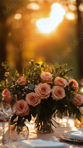 Elegant Floral Arrangement on Table During Golden Hour at Outdoor Gathering W...