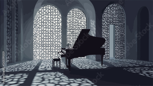 The image is a monochrome (grayscale) rendering of a grand piano situated in a large hall. The hall features prominent arched windows with intricate lattice-like details. The floor is depicted as a