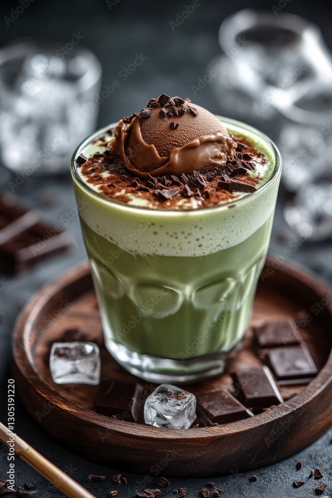 Matcha Latte with Chocolate Ice Cream and Shavings on Wooden Tray Matcha Latte with Chocolate Ice Cream and Shavings on Wooden Tray