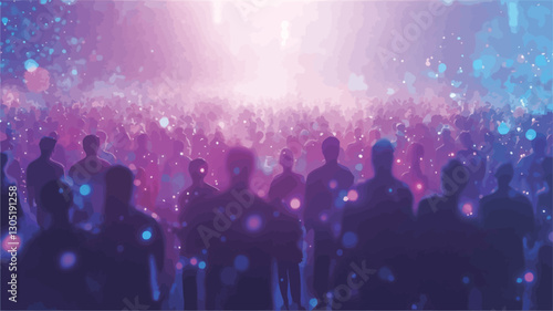 The image depicts a large crowd of people silhouetted against a brightly lit stage. The lighting is predominantly pink and purple, creating a vibrant and energetic atmosphere.  Individual figures