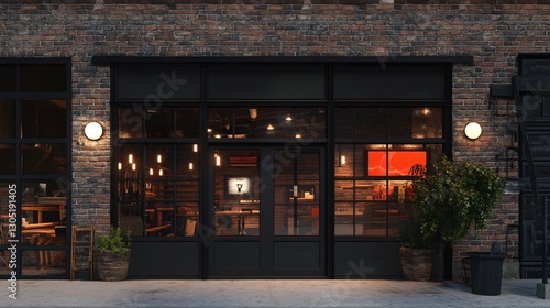Modern Brick Building Exterior with Stylish Restaurant at Night