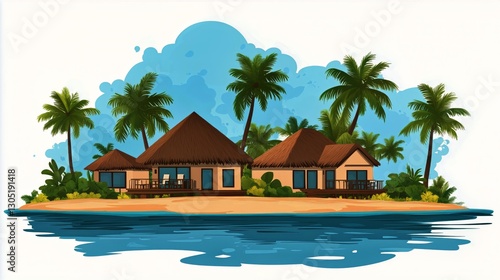 Tropical Island Resort With Palm Trees and Beach Cottages Surrounded by Cryst...