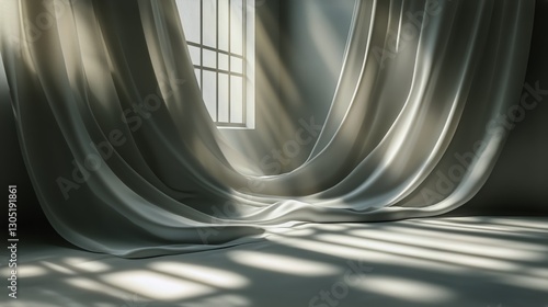 Light Filtering Through Sheer White Curtains in a Sunlit Room Creates Soft Sh...