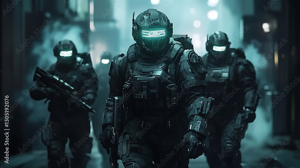 A team of four futuristic mercenaries walking through a dark neon-lit alley, glowing robotic visors, sleek cyber armor with illuminated circuits, digital graffiti on the walls, A team of four futuristic mercenaries walking through a dark neon-lit alley, glowing robotic visors, sleek cyber armor with illuminated circuits, digital graffiti on the walls,