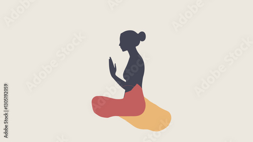 The image is a minimalist illustration of a woman sitting in a meditative pose.  The figure is depicted as a silhouette with a gradient color effect on the lower body, transitioning from red to