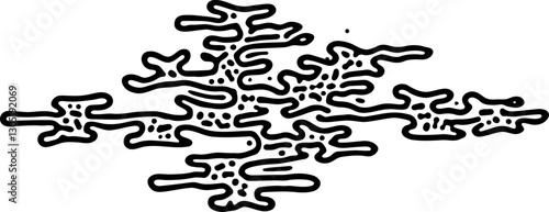 Abstract pattern resembling coral or organic fractal growth. Black ink-style design on a white background evoking fluidity complexity and biomorphic aesthetics