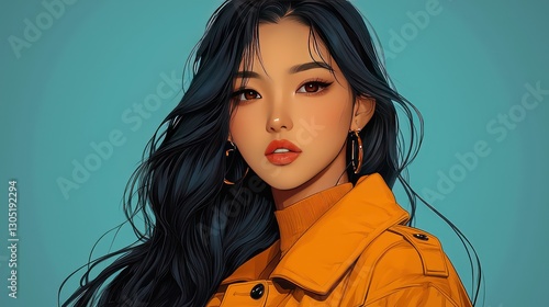A beautiful woman with long black hair and orange attire