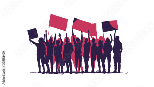 The image is a stylized illustration depicting a group of people silhouetted against a white background.  The figures are holding aloft rectangular signs, suggesting a protest or demonstration. The