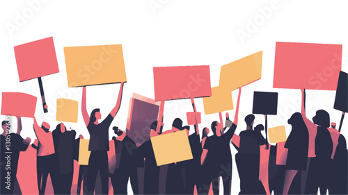 The image is a stylized illustration depicting a large crowd of people holding signs. The figures are simplified silhouettes in shades of dark blue and purple, with the signs rendered in various