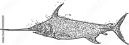 Intricate black and white swordfish illustration featuring detailed dot and line patterns. Ideal for marine-themed designs, tattoos, and decorative art inspired by oceanic life and mythology